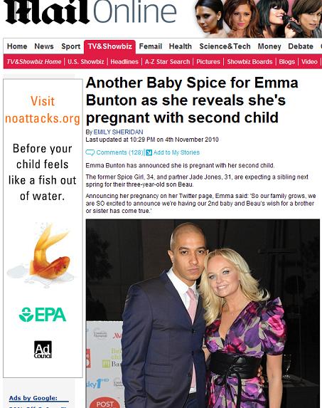 “Baby Spice” ことエマ・バントンの、2人目妊娠を報じる英『デイリー・メール』電子版。