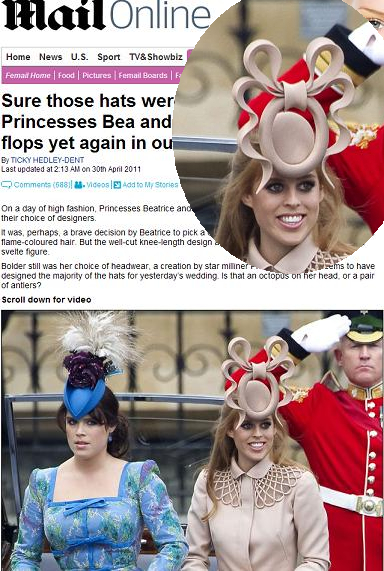ロイヤル・ウェディングに参列したウィリアム王子のいとこ、ベアトリス王女の帽子がスゴイ。