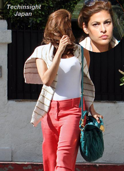 14日にLAでキャッチされた女優エヴァ・メンデス、前面ポニーテールで「顔隠しの術」？