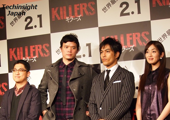 映画『KILLERS／キラーズ』の記者会見にて。モー・ブラザーズ監督の2人と北村一輝、高梨臨。