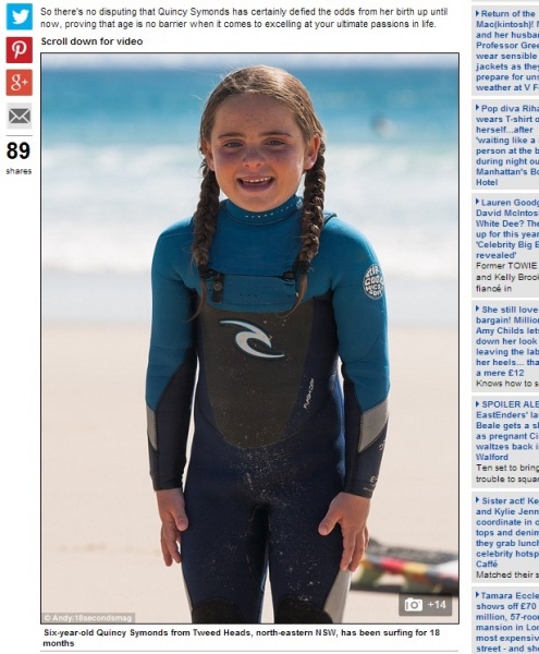 病と闘う6歳の女の子はサーフィンが大好き（画像はdailymail.co.ukのスクリーンショット）