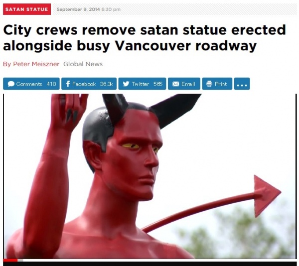 サタン像を街の公園に設置したのは誰!?（画像はglobalnews.ca/newsのスクリーンショット）