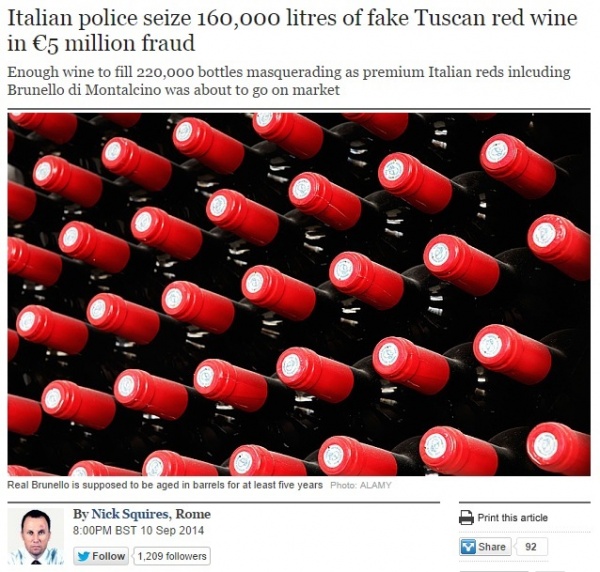 大量のトスカーナ産高級ワインが押収される（画像はtelegraph.co.ukのスクリーンショット）