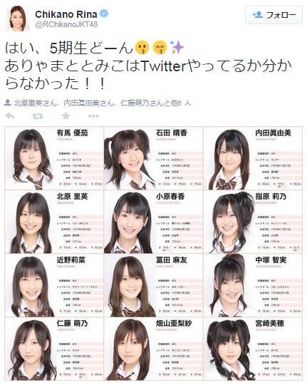 AKB48の5期生プロフィール画像。（画像は『twitter.com/RChikanoJKT48』のスクリーンショット）