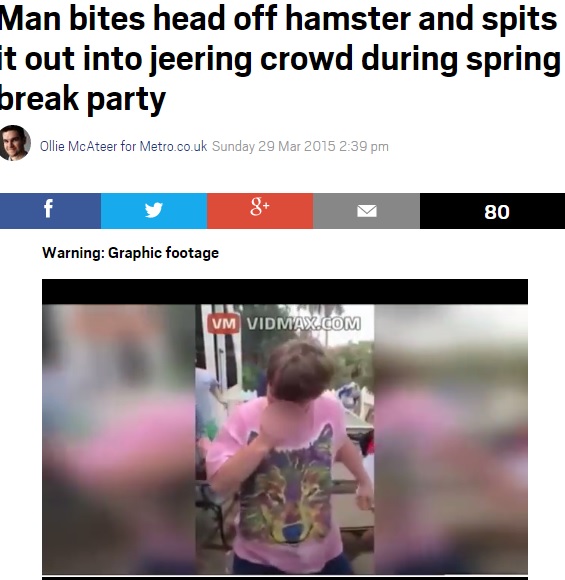 パーティでハムスターの頭を食いちぎった大学生（画像はmetro.co.ukのスクリーンショット）