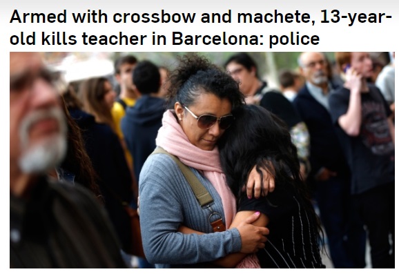 【海外発！Breaking News】13歳男子生徒、クロスボウとマチェーテを手に登校。非常勤講師ほか5名死傷。（スペイン）