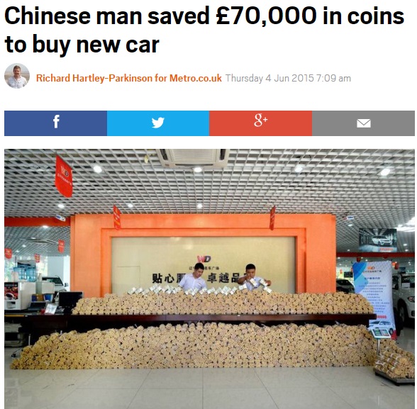 中国人男性、4トン分の硬貨で車を購入（画像はmetro.co.ukのスクリーンショット）