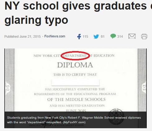 NY市立のスクール、卒業証書で大失敗（画像はfoxnews.comのスクリーンショット）