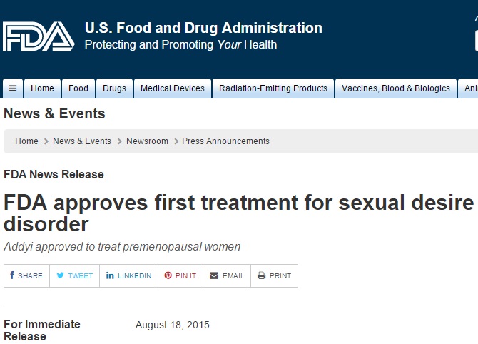 女性向け「性的欲求低下障害」治療薬を米国食品医薬品局（FDA）ついに承認（画像はfda.govのスクリーンショット）