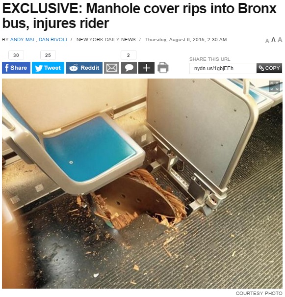 NYでまたマンホール爆発事故。蓋がバスの乗客を…（画像はnydailynews.comのスクリーンショット）
