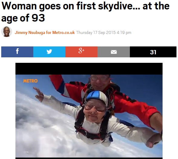 ロシアの93歳女性がスカイダイビングに成功（画像はmetro.co.ukのスクリーンショット）