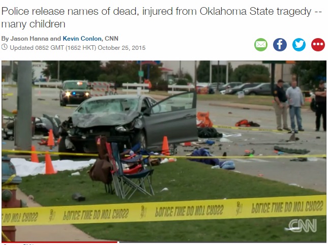 オクラホマ州立大学のホームカミングデー、飲酒運転の車により死傷者多数（画像はedition.cnn.comのスクリーンショット）