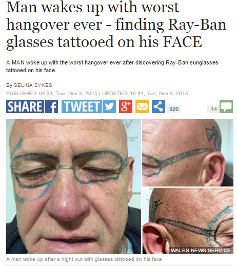 酔いから覚めた男性、顔にとんだタトゥーを発見（画像はexpress.co.ukのスクリーンショット）