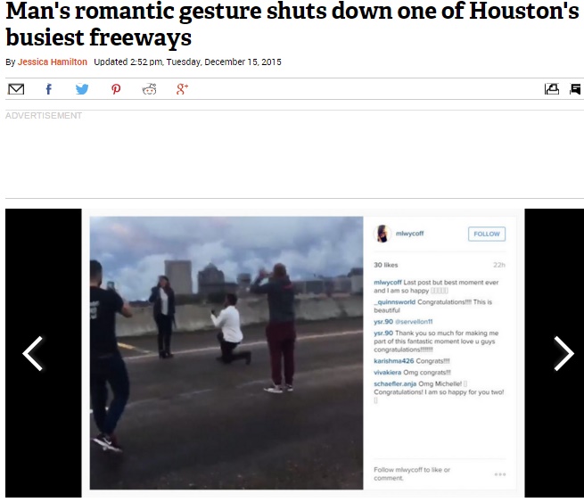 ハイウェイ・プロポーズ作戦は成功も道路は渋滞（画像はchron.comのスクリーンショット）
