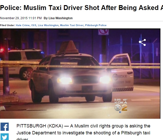 画像はpittsburgh.cbslocal.comのスクリーンショット。アメリカでイスラム系タクシードライバーが撃たれて重傷