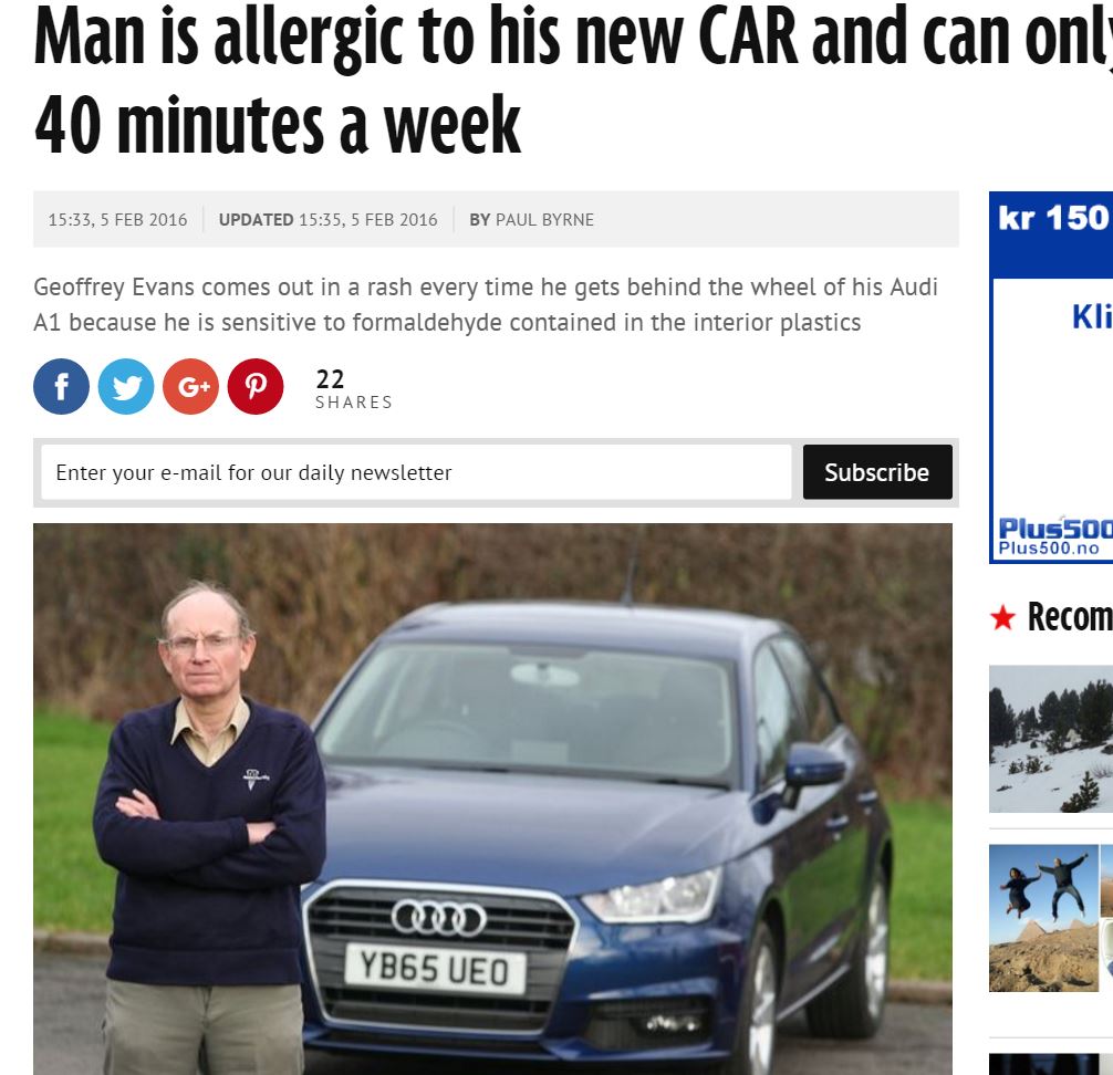 アウディ車を購入もアレルギーを発症した英男性（出典：http://www.mirror.co.uk）
