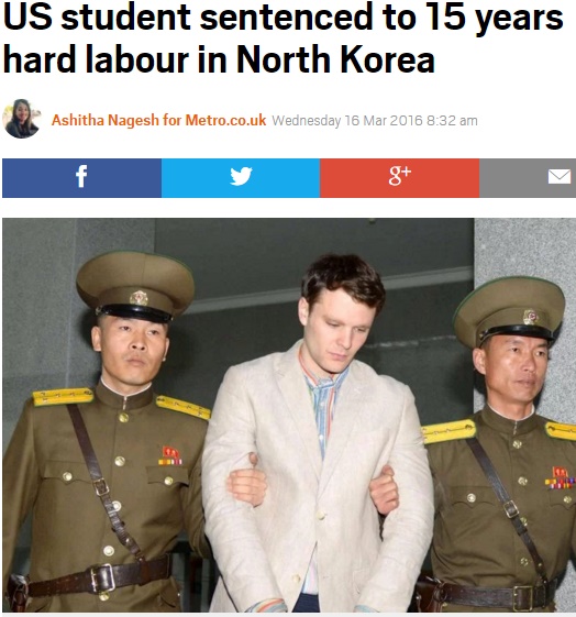 北朝鮮で身柄を拘束された米21歳男子大学生（出典：http://metro.co.uk）