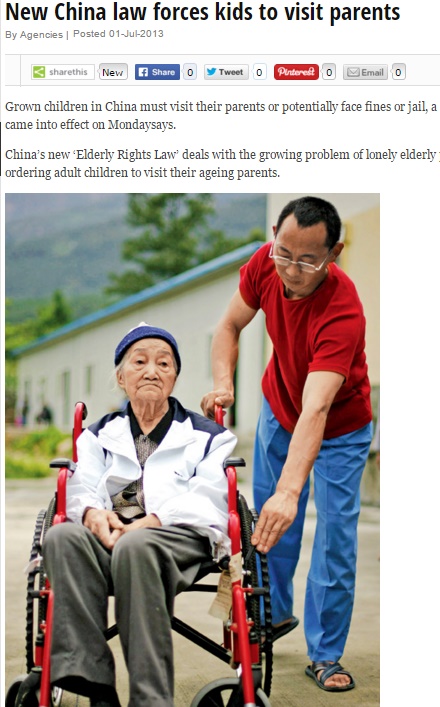 上海市、老いた親を放置する子世代に厳しい新条例（出典：http://www.mid-day.com）