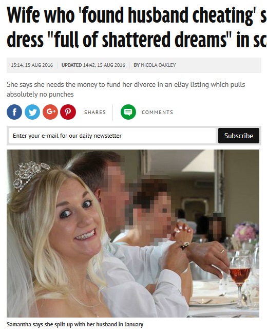 裏切りの臭いが染み込んだウエディングドレスを出品した女性（出典：http://www.mirror.co.uk）