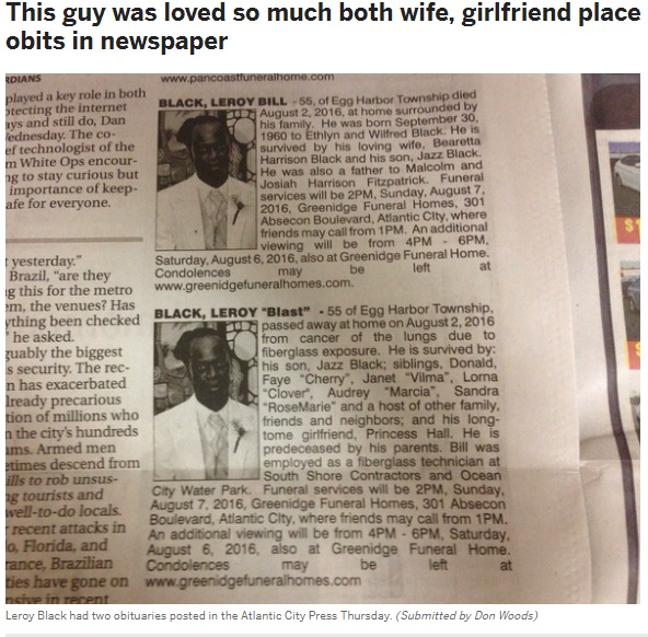 妻にも愛人にも存分に愛された男性の死亡広告が話題に（出典：http://www.pennlive.com）