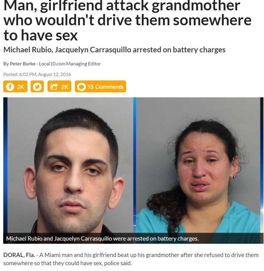 孫とそのガールフレンドが祖母を殴り逮捕（出典：http://www.local10.com）