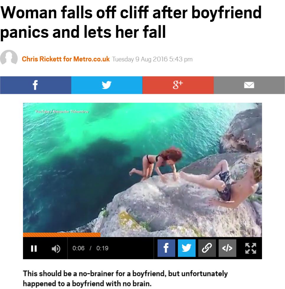 男、ガールフレンドを崖から落としたに等しい!?（出典：http://metro.co.uk）