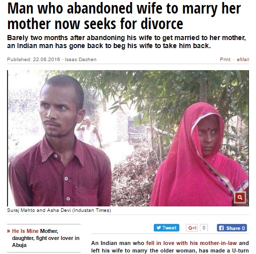 義母と恋に落ち妻子を捨てたインドの男性（出典：http://pulse.ng）