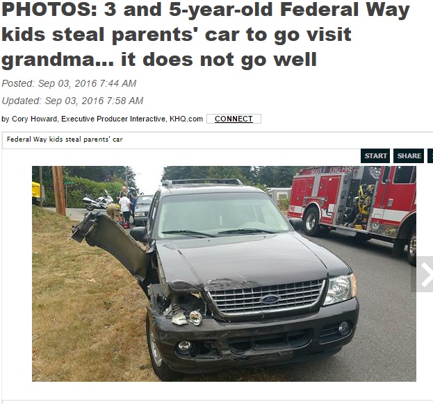 3歳児を乗せ5歳児がSUVを運転、祖母宅へ向かい事故（出典：http://www.kulr8.com）