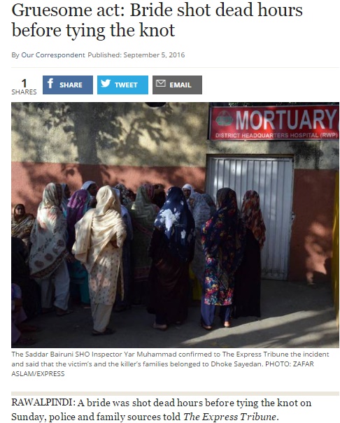  パキスタンで挙式直前の新婦をいとこが殺害（出典：http://tribune.com.pk）