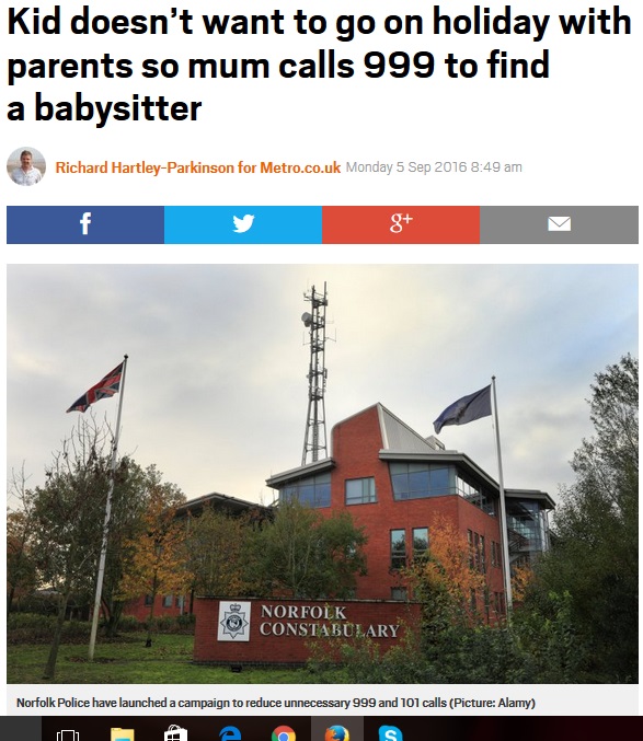 「ベビーシッターを頼むわ」母親の緊急コールに警察も困惑（出典：http://metro.co.uk）