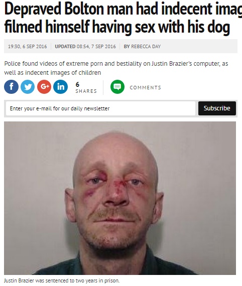 犬との性行為をビデオ撮影した男（出典：http://www.manchestereveningnews.co.uk）