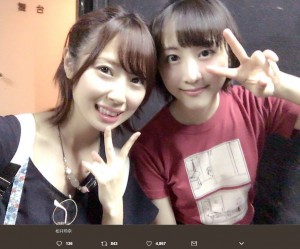 高柳明音と松井玲奈（画像は『高柳明音　2017年6月29日付Twitter「玲奈さんが出演してる舞台ベター・ハーフ 観てきました」』のスクリーンショット）