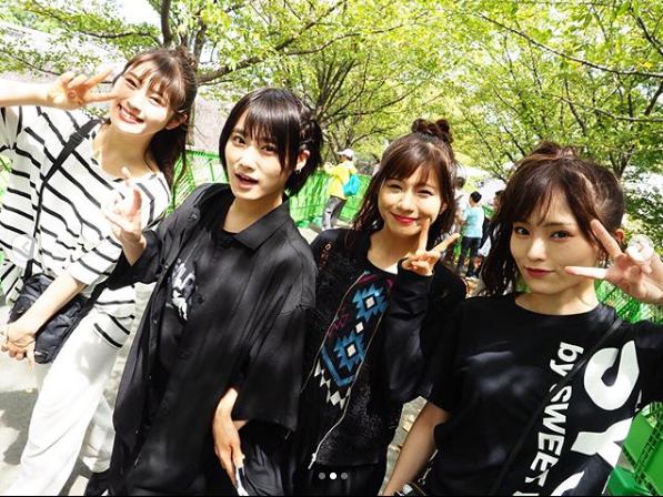 NMB48の渋谷凪咲・城恵理子・谷川愛梨・山本彩（画像は『山本彩　2018年8月22日付Instagram「がまだせ熊本！」』のスクリーンショット）