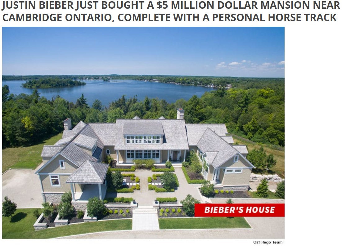 ジャスティンがカナダで購入した大豪邸（画像は『HOT 93.5　2018年8月23日付「JUSTIN BIEBER JUST BOUGHT A ＄5 MILLION DOLLAR MANSION NEAR CAMBRIDGE ONTARIO, COMPLETE WITH A PERSONAL HORSE TRACK」』のスクリーンショット）