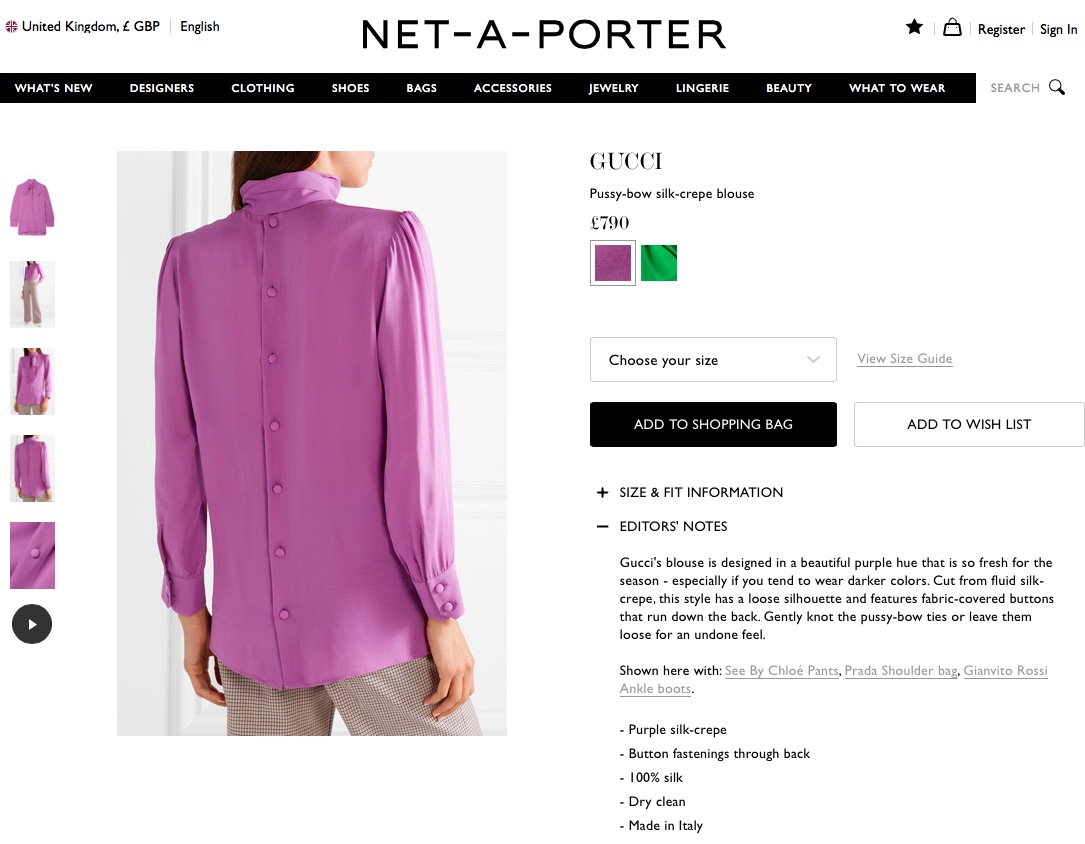 オンラインショップでの同じブラウスはボタンが背中と手首の外側に（画像は『Net-a-Porter「Gucci｜Pussy-bow silk-crepe blouse」』のスクリーンショット）
