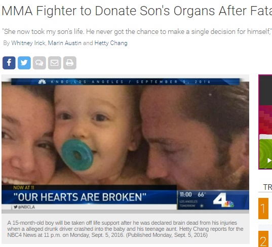 MMA格闘家マーカス・コワルさん、臓器提供を終えた息子の遺灰が自宅へ（出典：http://www.nbclosangeles.com）
