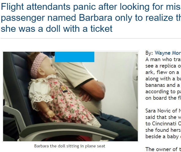 「女性客が1名足りない」と離陸前に騒動、実は人形だった！（出典：http://www.worldwideweirdnews.com）
