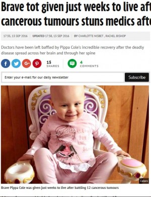 【海外発！Breaking News】12個もできた癌性腫瘍　余命数週間と宣告された女児が奇跡の回復！（英）