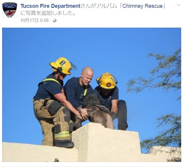 煙突から救助される男性（出典：https://www.facebook.com/Tucson-Fire-Department-407730889258814）
