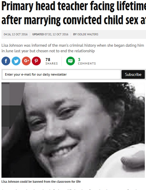 小児性犯罪歴のある男性と結婚した元校長の女性（出典：http://www.mirror.co.uk）