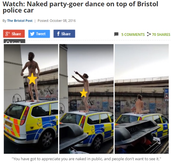 全裸の男が車の上でダンスにヨガも立ち止まる人はゼロ（出典：http://www.bristolpost.co.uk）