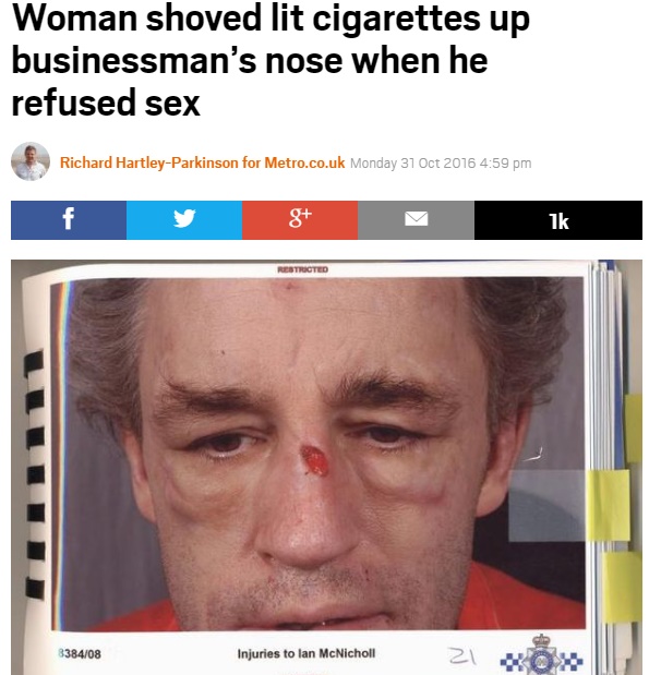 顔に火を当てられるなど激しい暴力を受けた男性（出典：http://metro.co.uk）