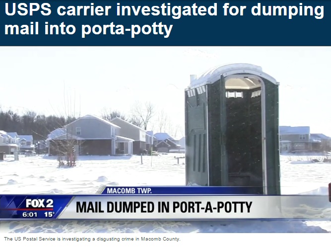 ミシガン州の配達員、郵便物700通を便器へ投棄（出典：http://www.fox2detroit.com）