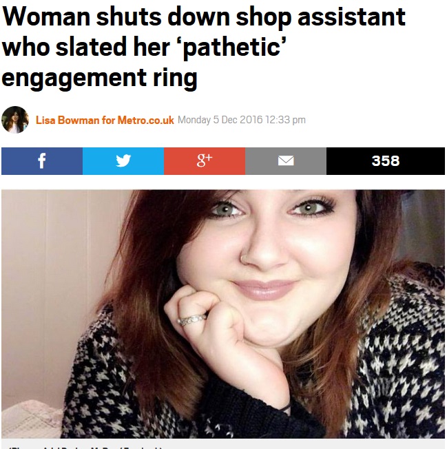婚約指輪を侮辱された女性、店員に反撃（出典：http://metro.co.uk）