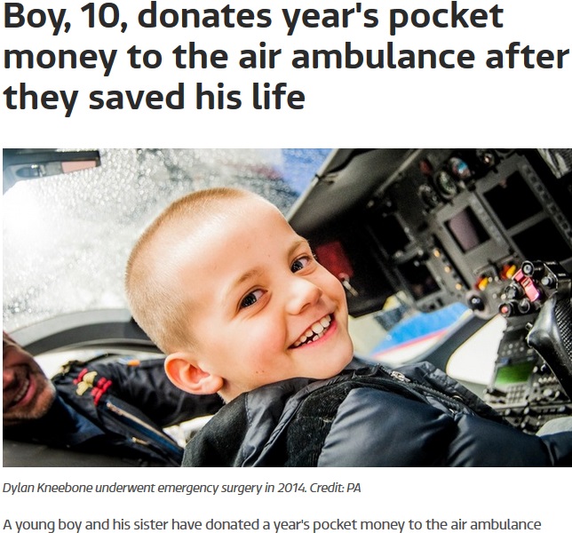 命を救ってくれた航空救急隊にお小遣いを寄付した少年（出典：http://www.itv.com）