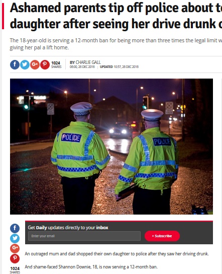 18歳娘の飲酒運転を両親が通報（出典：http://www.dailyrecord.co.uk）