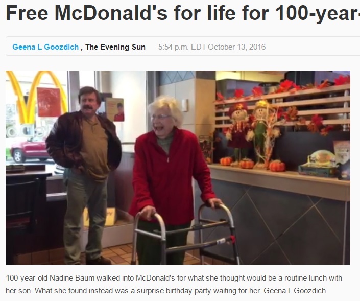 100歳のマック常連女性　誕生日にお店から仰天サプライズ（出典：http://www.eveningsun.com）