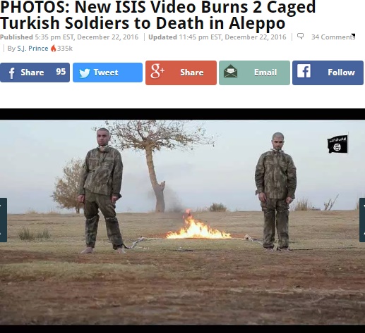 「イスラム国（IS）」トルコ兵の捕虜2名に火あぶり処刑（出典：http://heavy.com）