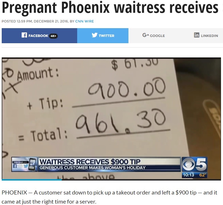 妊婦のウエイトレスに900ドルのチップ！（出典：http://kdvr.com）