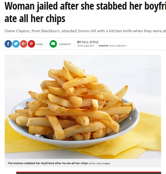 チップスを残さず食べられキレた女、恋人を刺す（出典：http://www.mirror.co.uk）